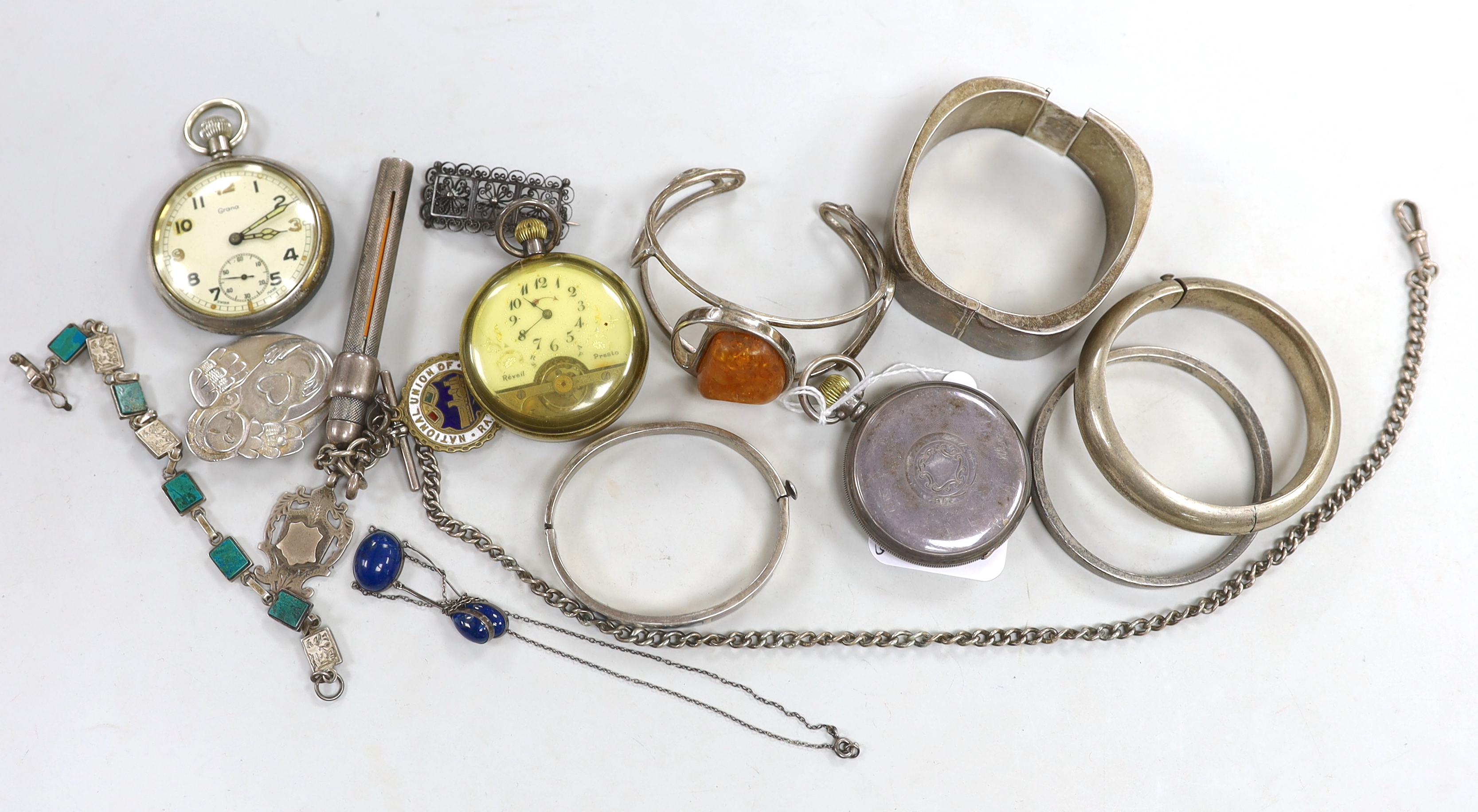 Three assorted pocket watches including silver Record and small quantity of mainly silver or white metal jewellery including an albert hung with a large Sampson Mordan & Co silver cased propelling pencil.